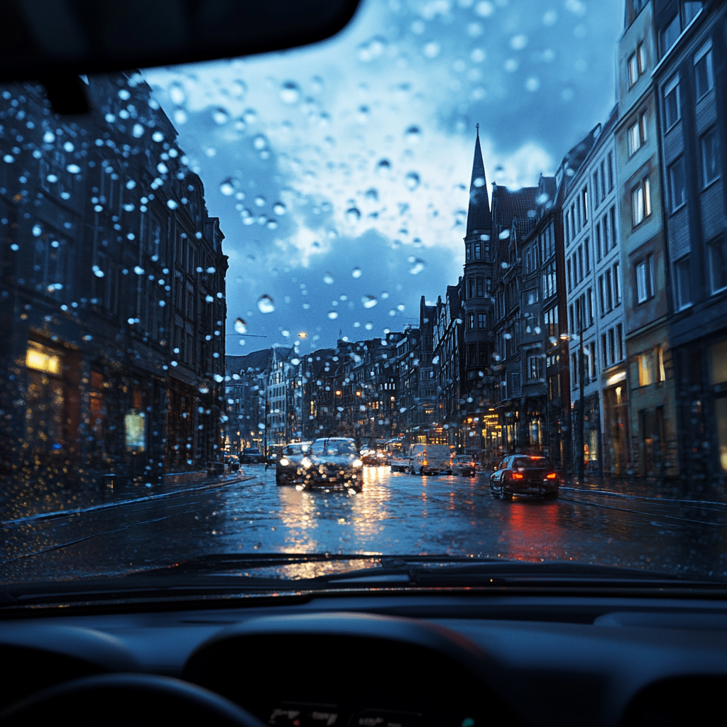 Windschutzscheibe von innen gesehen bei Regen